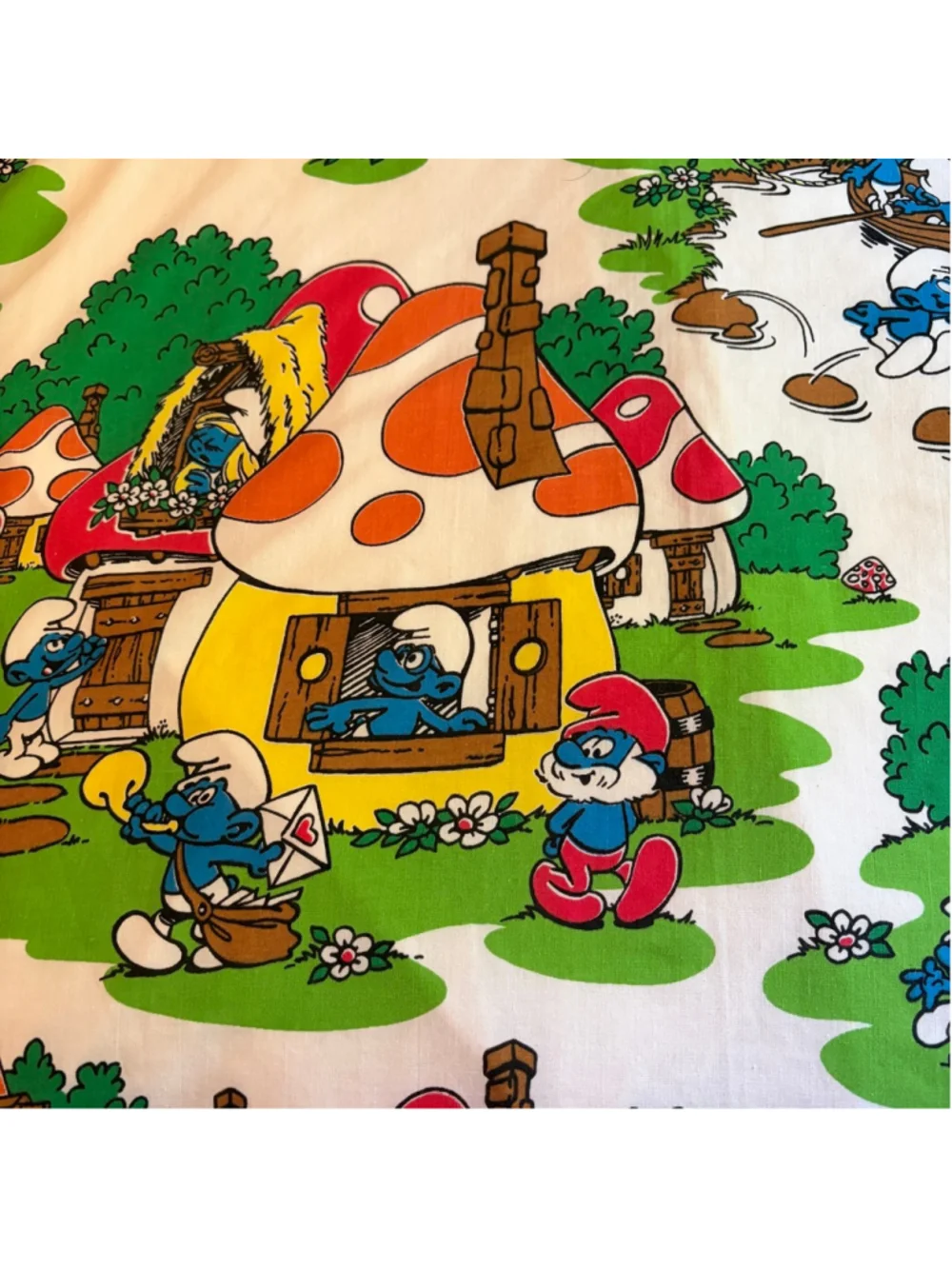 Vintage Smurfs Double Flat Bed Sheet Gargamel Smurfette Papa White Green Fabric